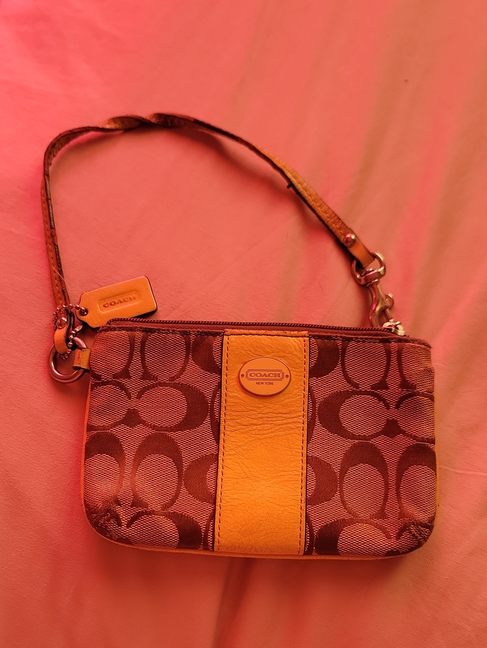 Coach Brown Signature Wristlet with Yellow Stripe